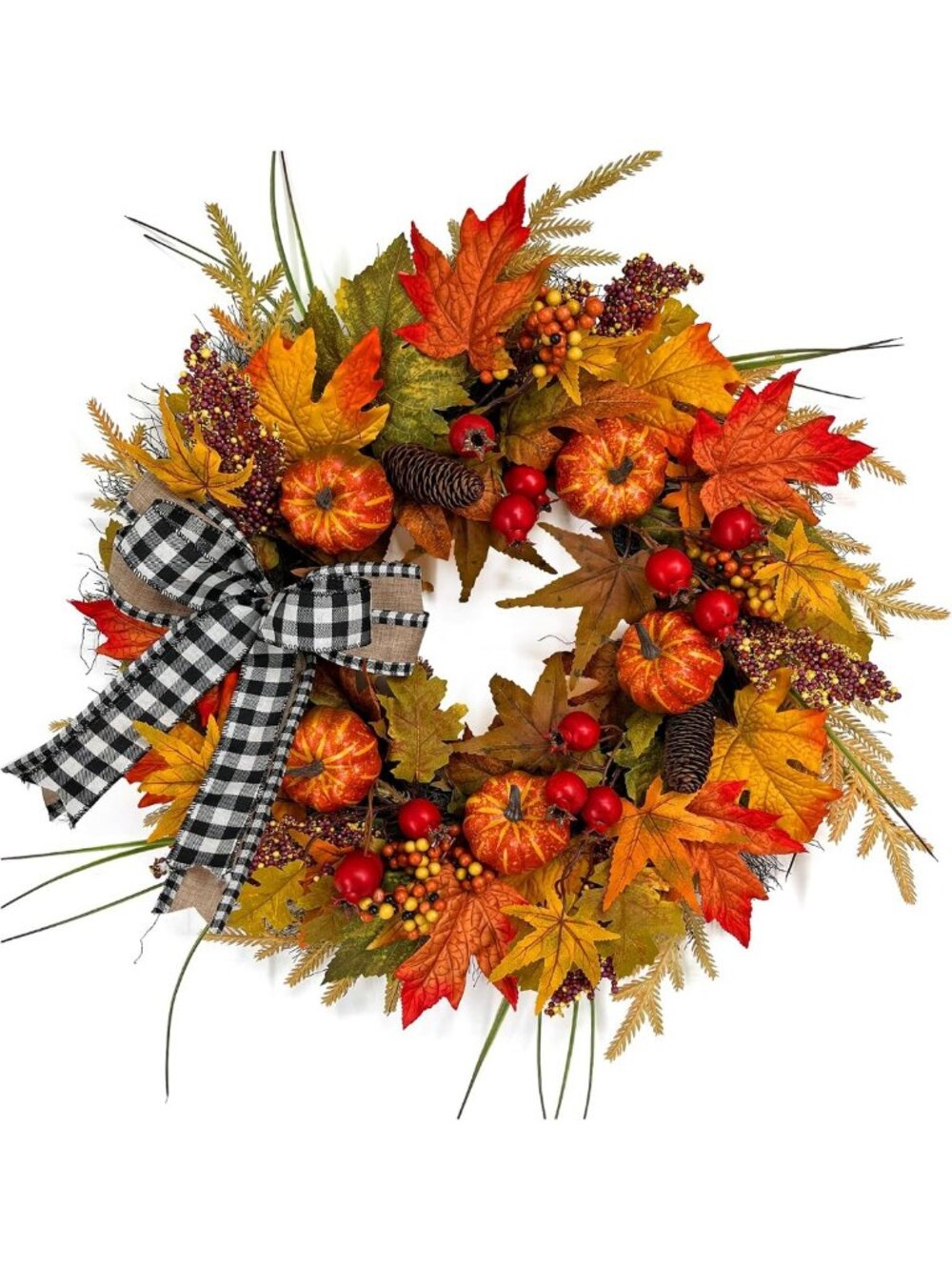 24” Rustic Fall Maple Leaf Wreath with Buffalo Check Bow, Pumpkins & Pinecones